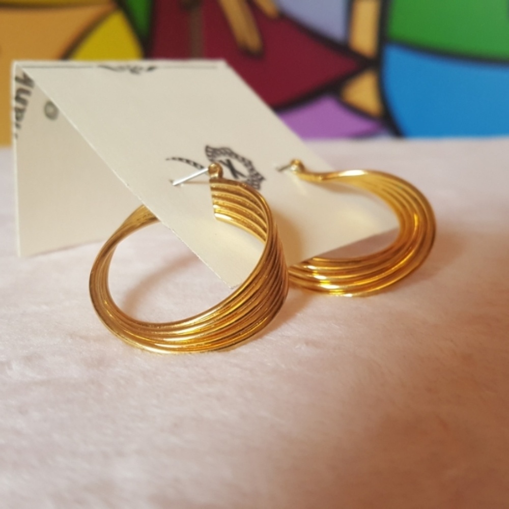 Brass C Hoop Striped Post Earrings 2.5" Diameter